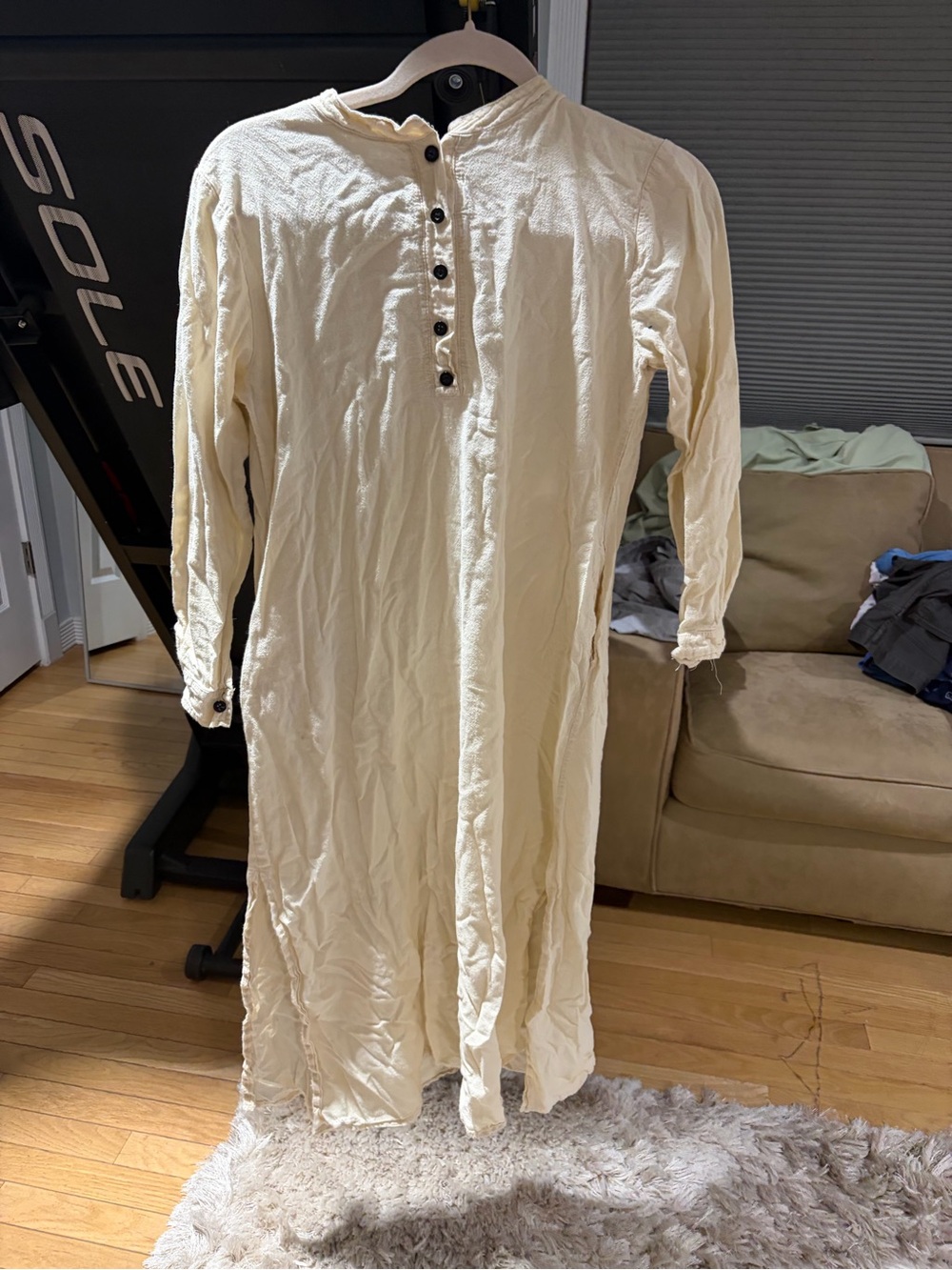 Cream Long-Sleeve Midi Dress with Button Placket